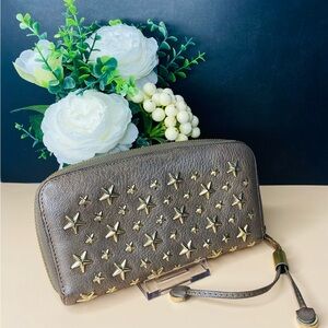 Jimmy Choo Taupe Gold Star-Studded Zip Around Long Wallet Authentic